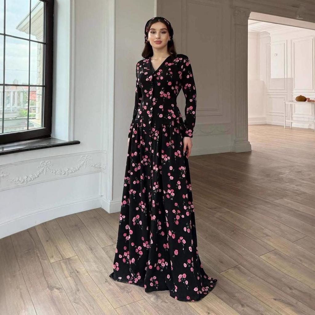 Elegant Autumn 2025 V-Neck Retro Floral Dress - European & American Style Waist-Cinching Women's Fashion