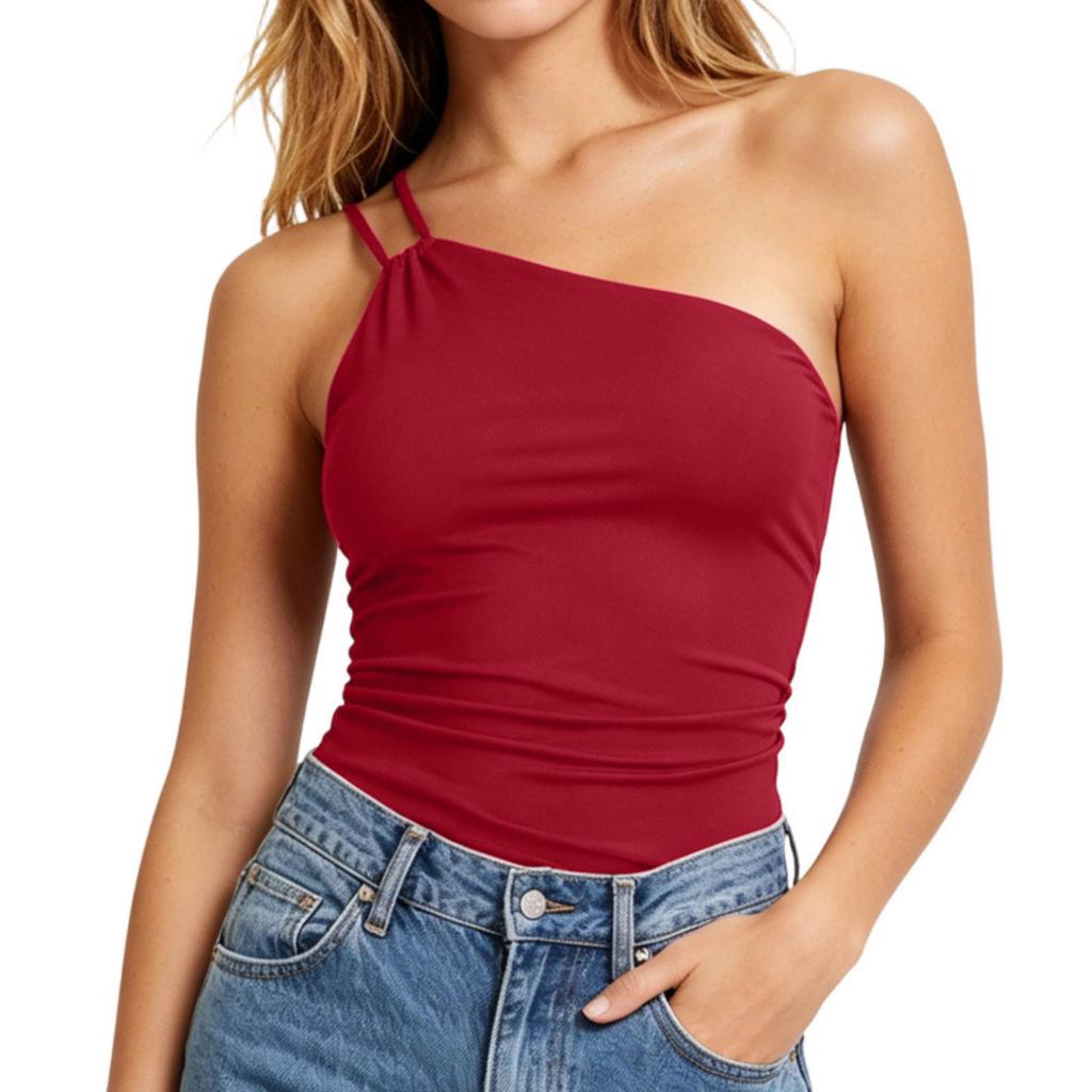 Women One Shoulder Sleeveless Tank Top with Built In Bra Pad Fitted Asymmetrical Strap Camisole for Casual or Daily Wear