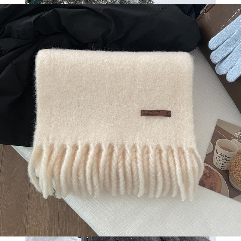 Wool Blended Solid Color Scarf Ice Blue Women's 24 Winter Atmosphere Warm Fringed Scarf