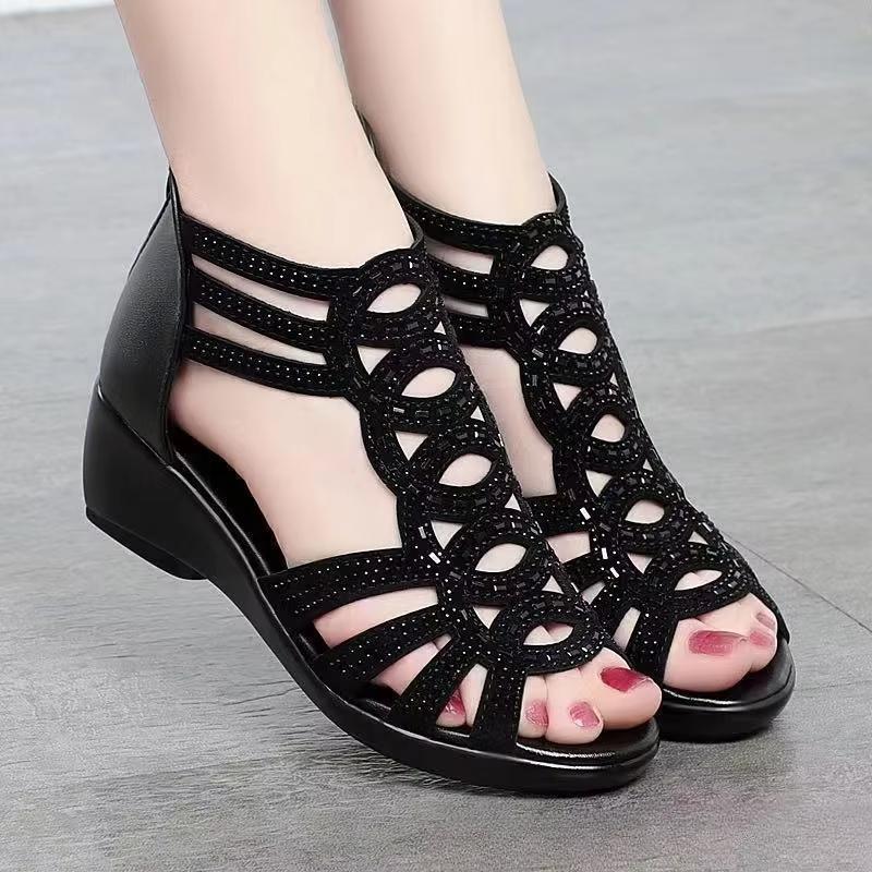 Soft Leather Roman Sandals for Women 2025 Summer New Soft Sole Women's Peep Toe Wedge Sandals Fashion Casual Mom's Shoes Ladies