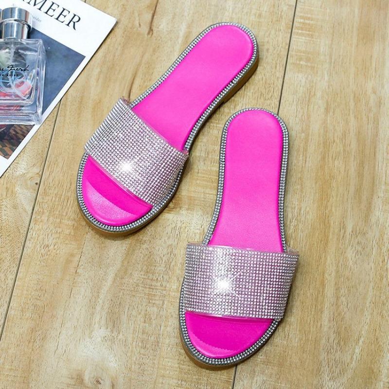 20 spring new flat-bottomed cool slippers women's open-toed rhinestone one-word women's shoes