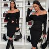 Autumn and Winter Long Sleeve Slash Neck Sexy Dress Women High Waist Slim Casual Dresses Women Solid Elegant Vintage Party Club Pencil Dress 25611