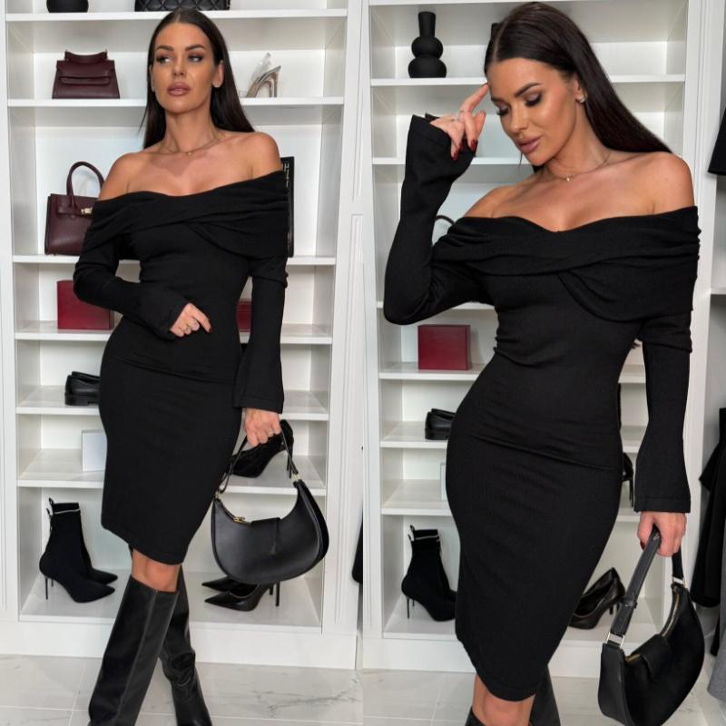Autumn and Winter Long Sleeve Slash Neck Sexy Dress Women High Waist Slim Casual Dresses Women Solid Elegant Vintage Party Club Pencil Dress 25611