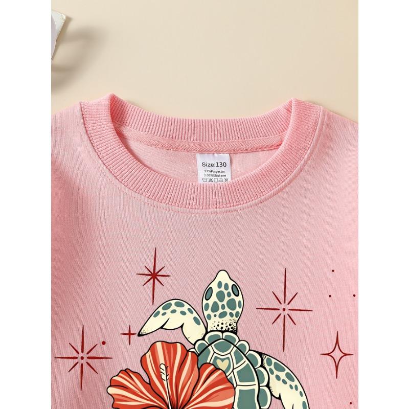 European Sizes Girls' Long-Sleeve Round Neck Sweatshirt "Turtle Hibiscus" Print, Spring/Autumn, Casual, Daily & Sports.
