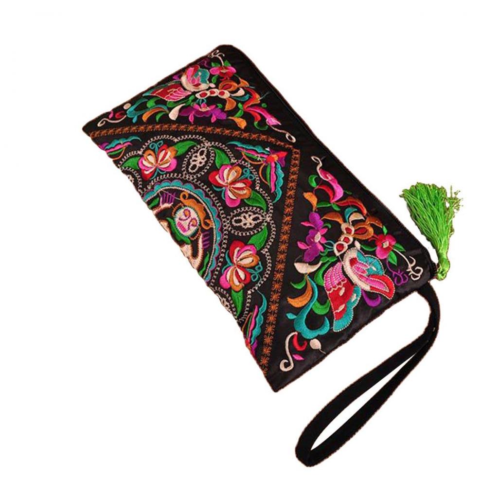 Soft Products Women Ethnic Embroidered Wristlet Clutch Bag Zipper Purse Long Wallet Pouch CLE