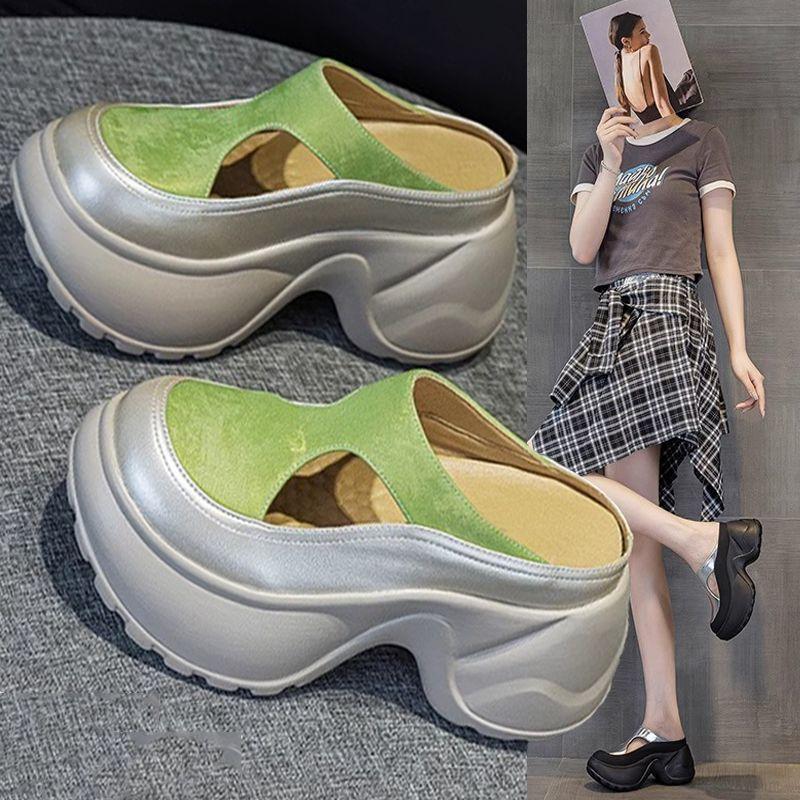 Outer Wear Bag Head Hollow Thick-soled Cool Slippers Women's 2025 Summer New Small Man Height Increase One Foot Lazy Sandals