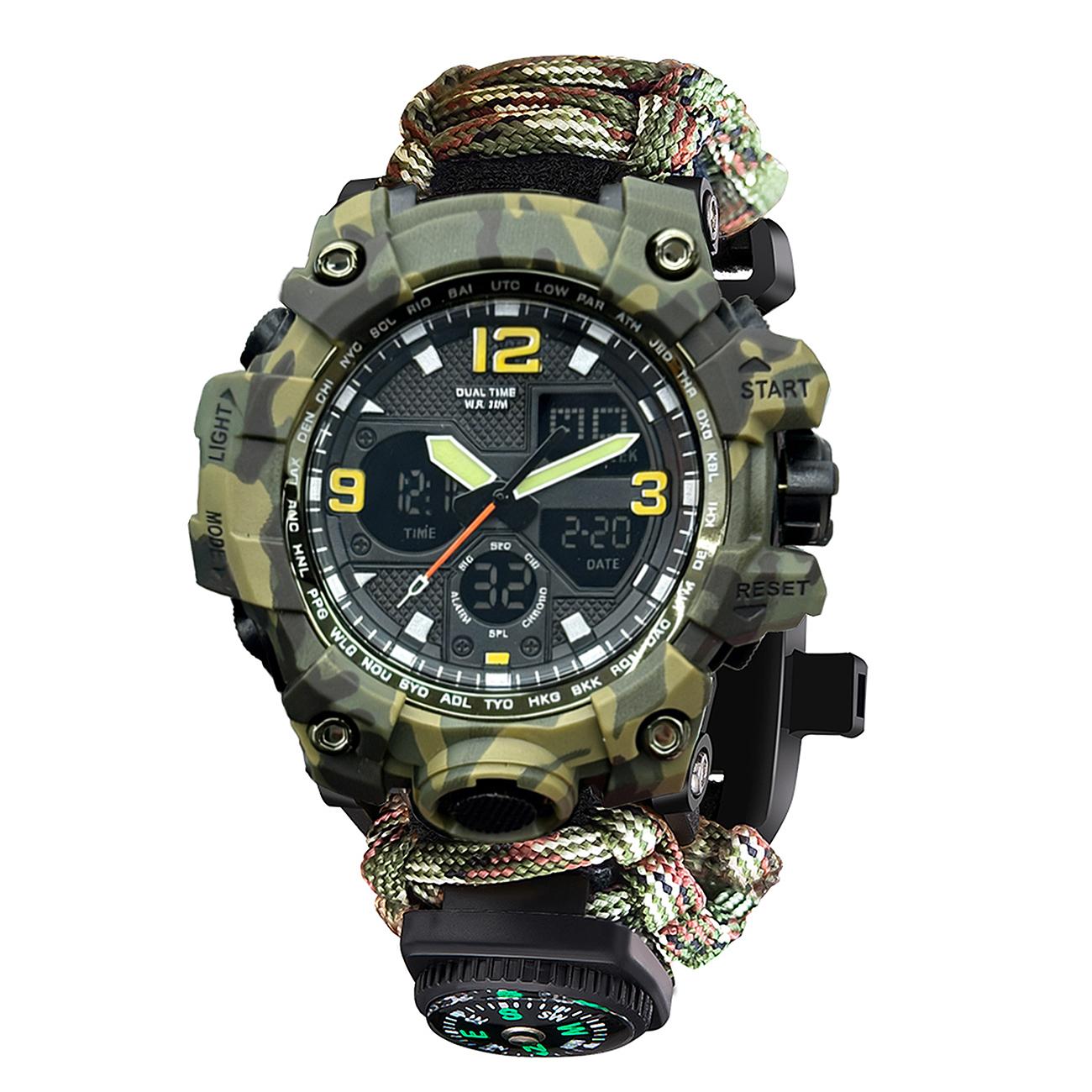 Men s Outdoor Sports Army Green LED Digital Watch Multi functional Waterproof Dual Display Digital Military Watch