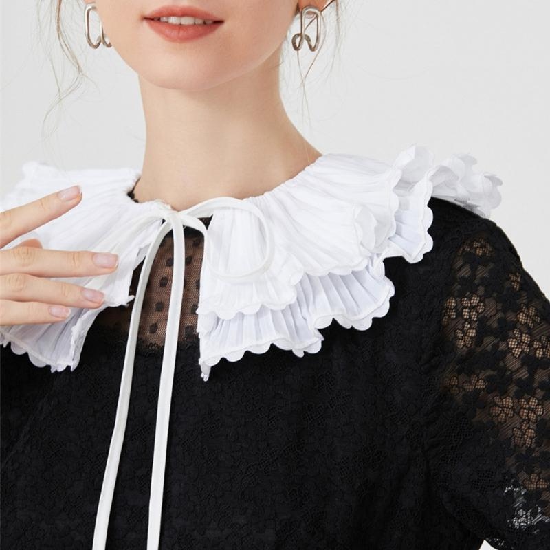 Korean Style Women Double Layer Pleated False Collar Shawl Scalloped Lace Trim White Half Shirt Lace-Up Poncho Capelet