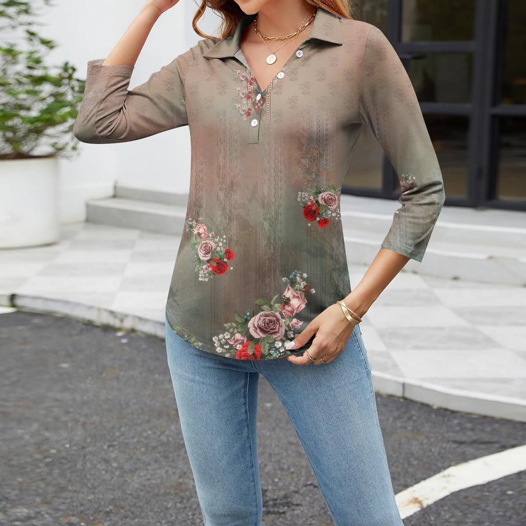 Women's Fashion Casual Long Sleeve Floral Print V-Neck Button Top
