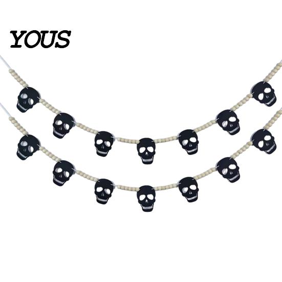 Ghost Halloween Garland 2 Pcs 7.5FT Garland, Felt Pumpkin Bat Skull with Banner Decoration Wood Beads, Party Hanging for Fireplace Doorway Indoor