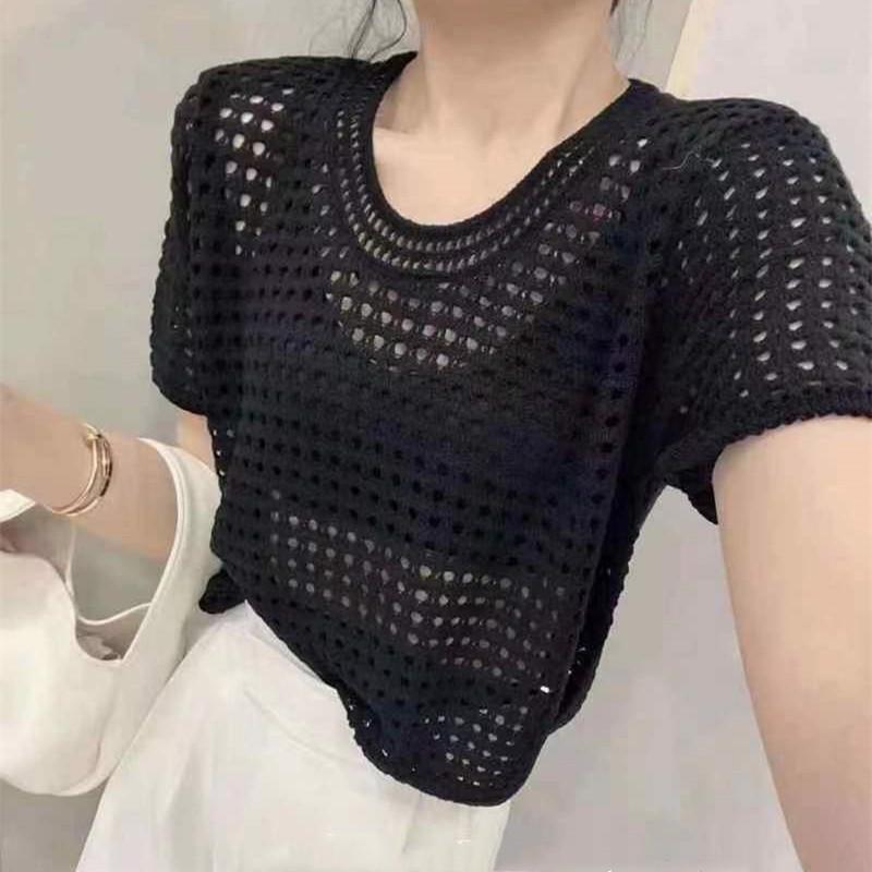 Skeleton Short-sleeved Knit Shirt Women's Summer Thin Design Sense Niche Chic Unique Loose Versatile Blouse Tops Casual Slim Fit Pullovers Tees
