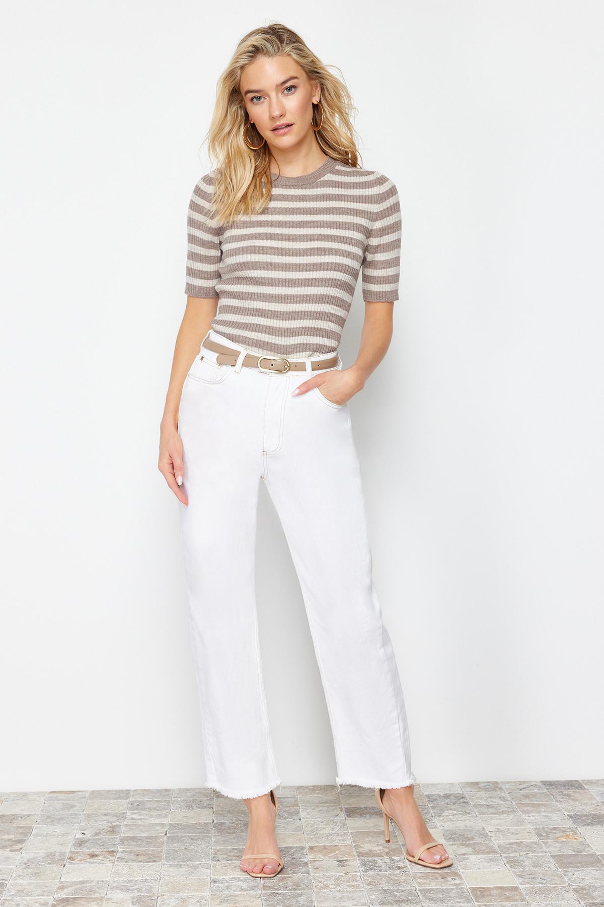 

Women s Fashion New Sweater Mink Basic Striped Knitwear T-Shirt L екрю