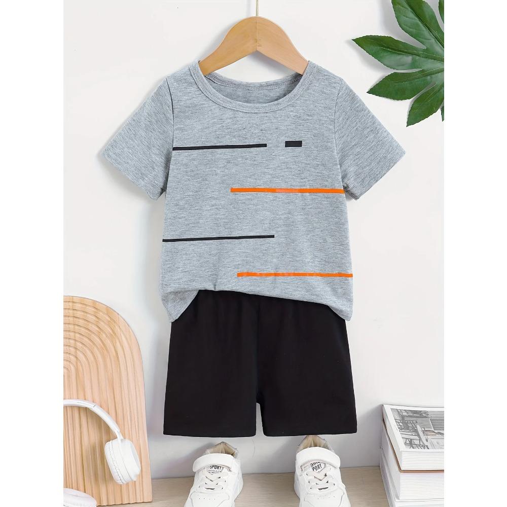 2pcs Boys' Casual Style Summer Outfit Striped Print Round Neck Short Sleeve T-Shirt and Casual Shorts Set, Perfect for Outdoor