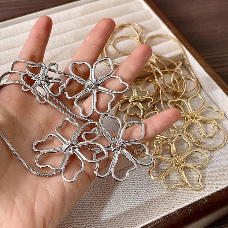 Hollows Long Sweater Necklace Women Elegant Pendant Petal Pattern Necklace for Daily Commute Or Event