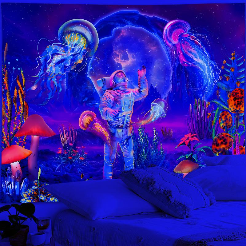 1pc Astronaut UV Reaction Tapestry, Spacecraft Jellyfish Mushroom Fantasy Tapestry