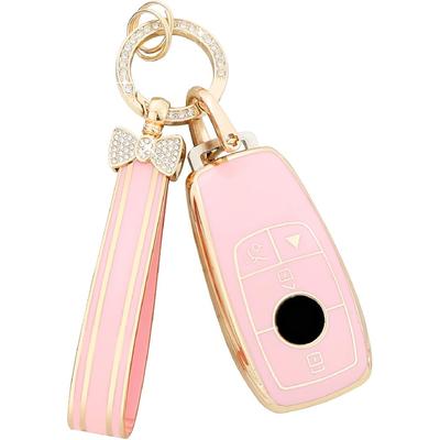 PIFOOG Mercedes Mercedes Keychain Cover Pink Gold Shiny Keychain 4 Key Car Key Shell Accessory Protective Case Suitable for Mercedes-Mercedes Benz