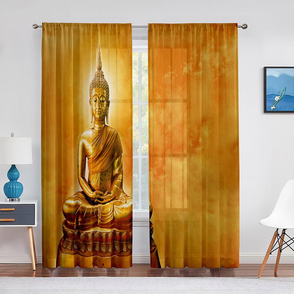 Buddhist Buddha Statue Golden Light Sunset Thin Curtain for Living Room Kitchen Window Bedroom Decor Curtains 2panels Rod Pocket