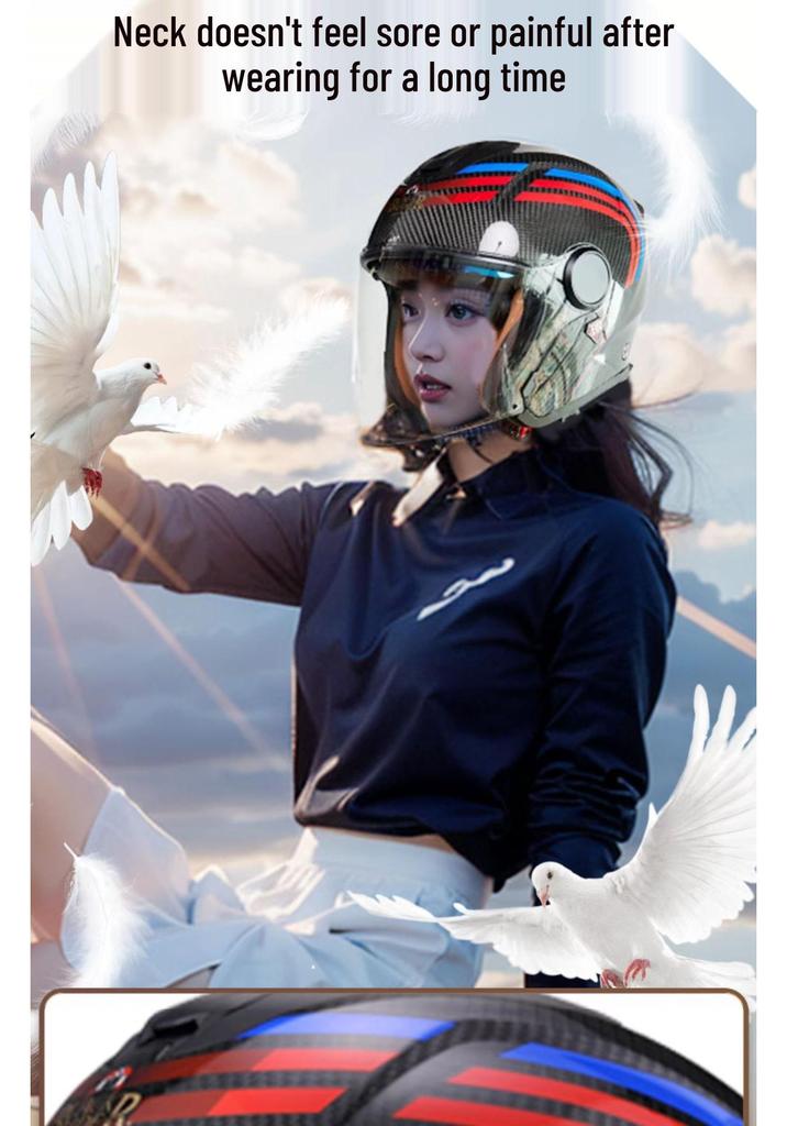 BEON Ultra-light Carbon Fiber Electric Motorcycle Helmet, Three-quarters Half Design, Double Visor, Unisex, All-Season.