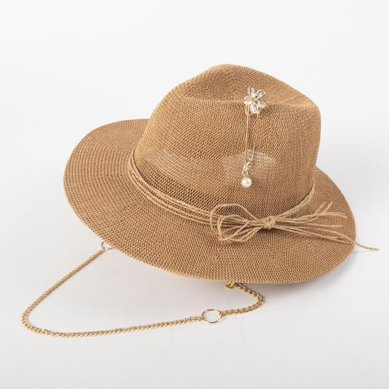 

Spring Summer Hollow Pointed Top Chain Straw Hat, French Style Sun Protection Beach Cap with Pin & Straw Rope M 56-58cm