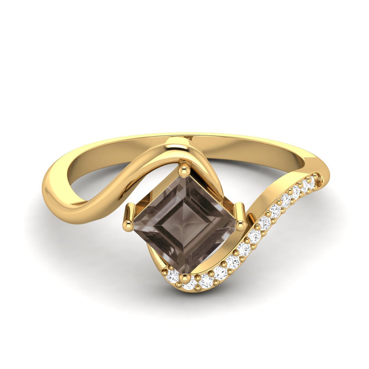5mm Square Smoky Quartz 925 Sterling Silver Gold Vermeil Solitaire Bypass Women Engagement Ring 7