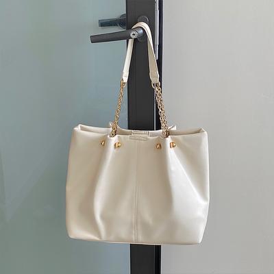 Large Capacity Women's One Shoulder Bags Chain PU Leather Vintage Casual Ladies European Style Black/White Solid Spring Handbags