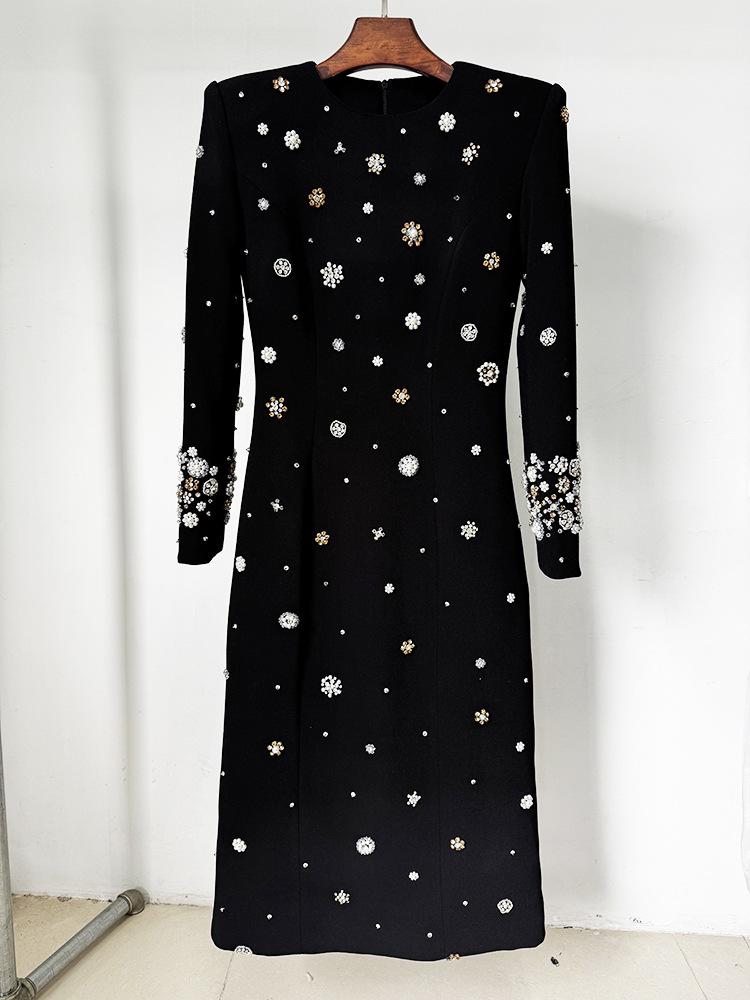2026 European & American Celebrity Long-Sleeve Evening Gown with Heavy Beading & Rhinestones
