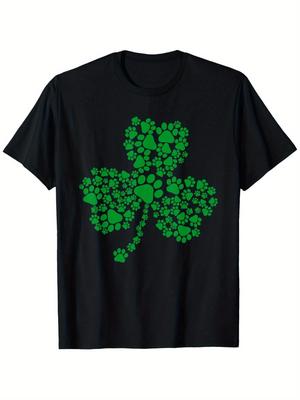 [Casual Style] St. Patrick's Day Dog Paw & Shamrock Graphic T-Shirt - 100% Cotton, Unisex Casual Short-Sleeve Tee for All Seasons, Black with Green Cl