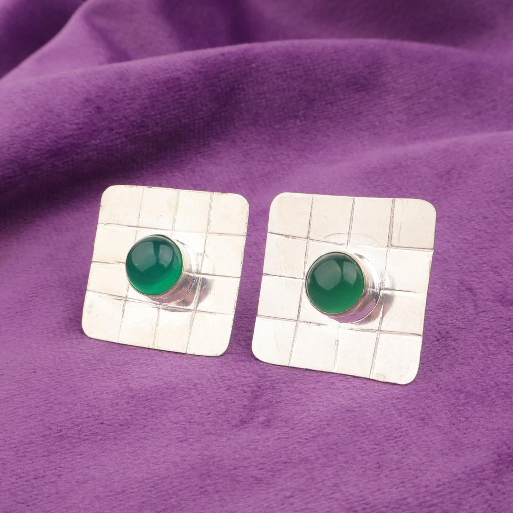 Round Green Onyx Stone Sterling Silver Stud Post Birthday Gift Earrings Jewelry EE-146-21