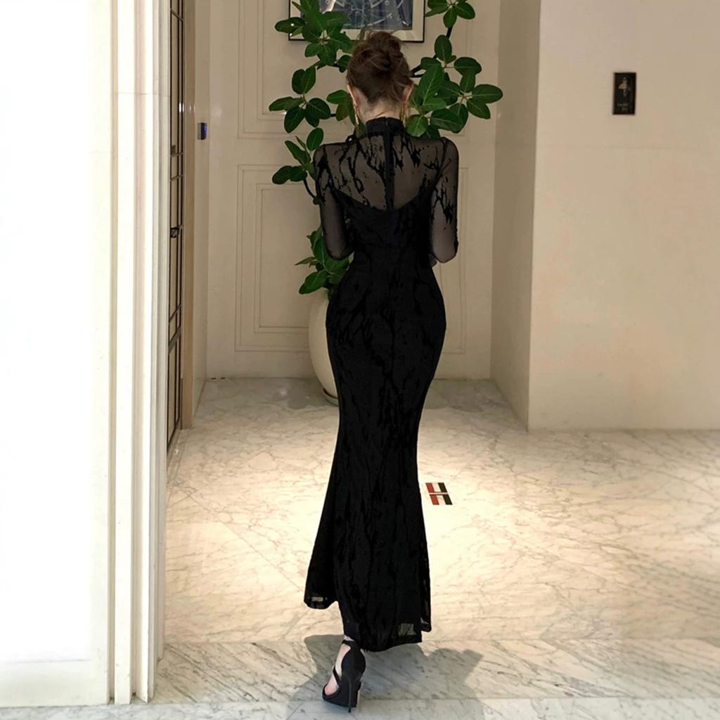 New Chinese Modified Cheongsam Black Mesh Dress Women's Autumn Sexy Slim Hip Wrap Dress 2026 Cheongsam Dress