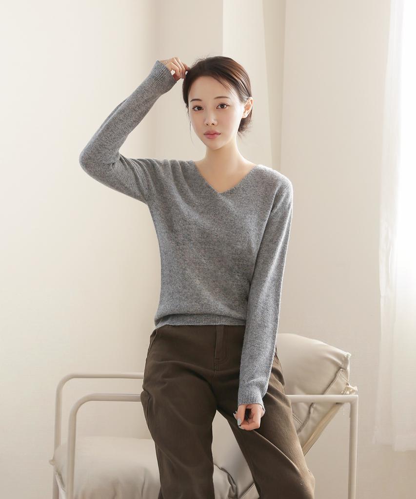 Keulleiseu 100% Wool V-Neck Knit Sweater_Red