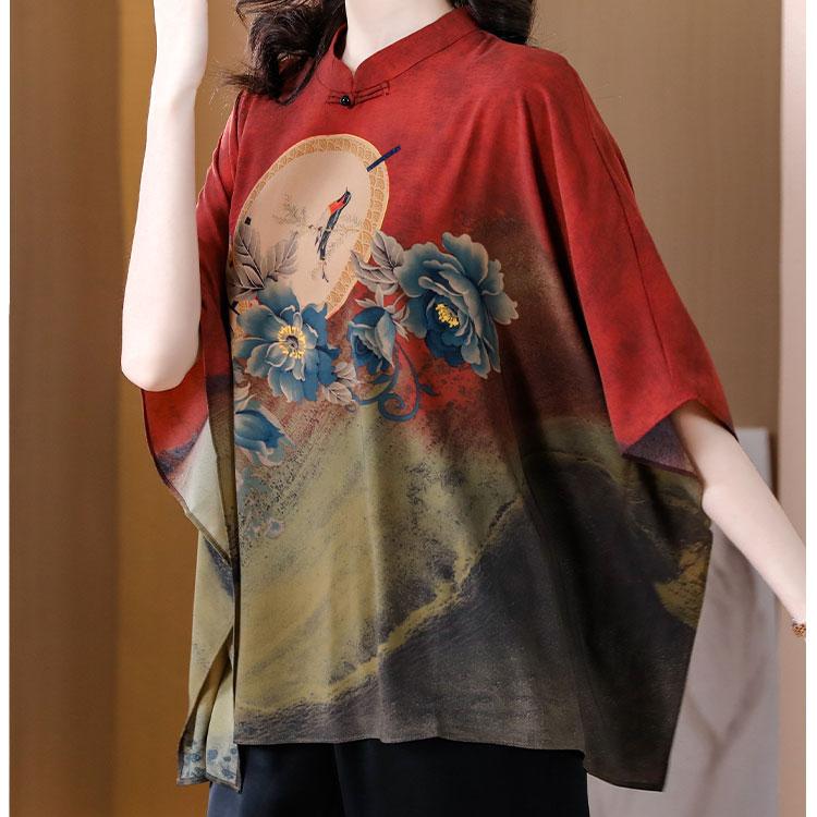 Loses Seidenoberteil in Übergröße für Damen, Sommerbluse und Hemd mit grünem Aufdruck im Vintage-Stil