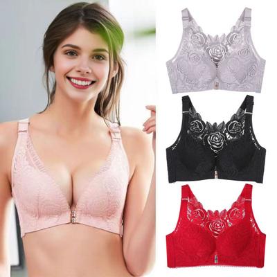 Women Floral Lace Comfort Rose Bra Seamless Front Closure No Underwire Bra Plus Size