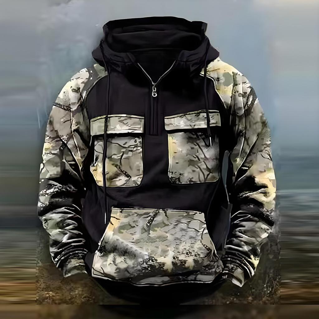 Men  Quater-Zip Pullover Vintage Sweatshirt Casual Long Sleeve Cargo Hoodies With Pocket