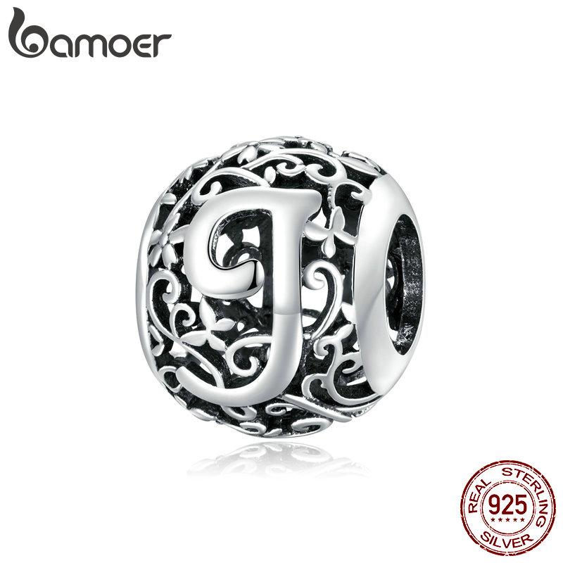 BAMOER 925 Silver Retro Letter Charms Hollowed Alphabet A-Z Round Beads for Women Bracelet DIY Jewelry Making