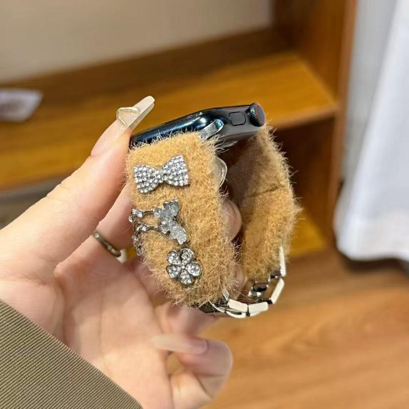 New Winter Fluffy Titanium Steel Strap Band For Apple Watch Series 10 46mm 42mm 9 7 8 5 6 44mm 45mm 40mm 41mm Ultra 49mm Bracelet Correa Loop Strap