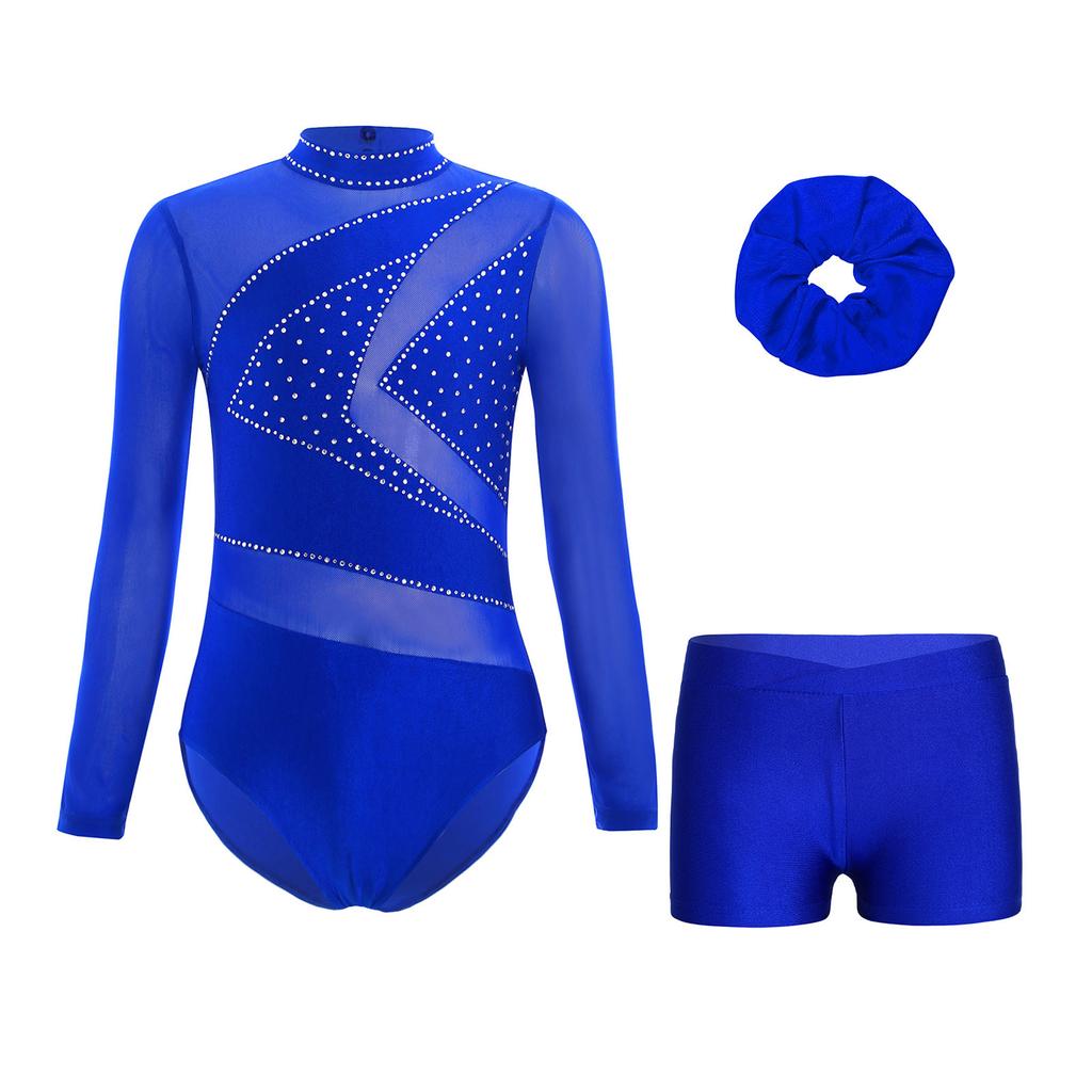Girls Mesh Long Sleeve Cutout Back Sparkly Rhinestone Leotard V Front Waistband Shorts Hairband Gymnastics Set