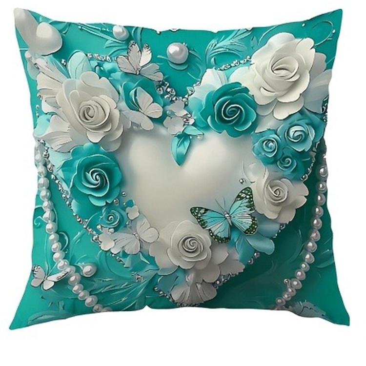 Valentine's Day Navy Blue Heart Shaped Butterfly Floral Pillowcase Suitable for Sofa Car Bedroom Decorative Cushion Cover