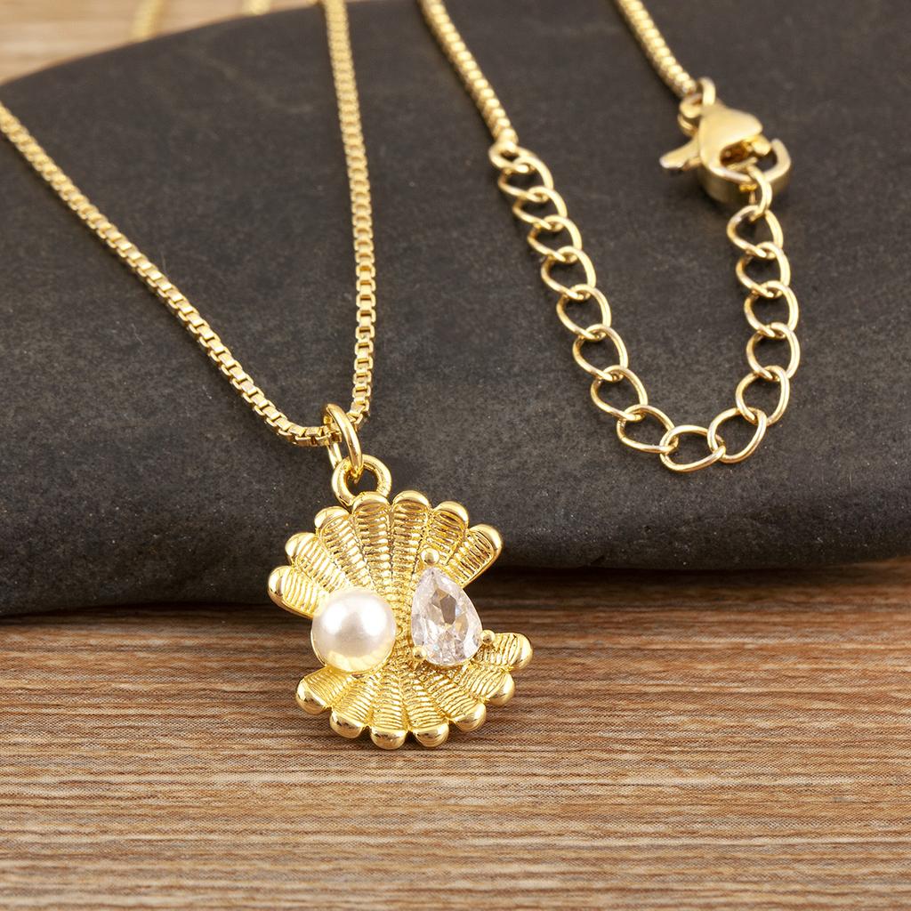 Nidin Elegant Shell Shape Inlaid Pearl Zircon Pendant Necklace For Women Female Compact Exquisite Clavicle Chain Jewelry Gifts