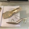 Fashion SUOJIALUN 2025 Summer Women Slipper Fashon Narrow Band Ladies Elegant Dress Sandal Shoes Thin Med Heel Square Toe Slides Shoes