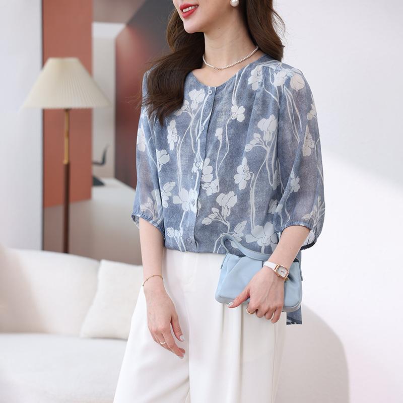 

Летний новый шелковый топ женская элегантная рубашка с принтом дышащая нежная шелковица нишевый дизайн рубашка 2XL