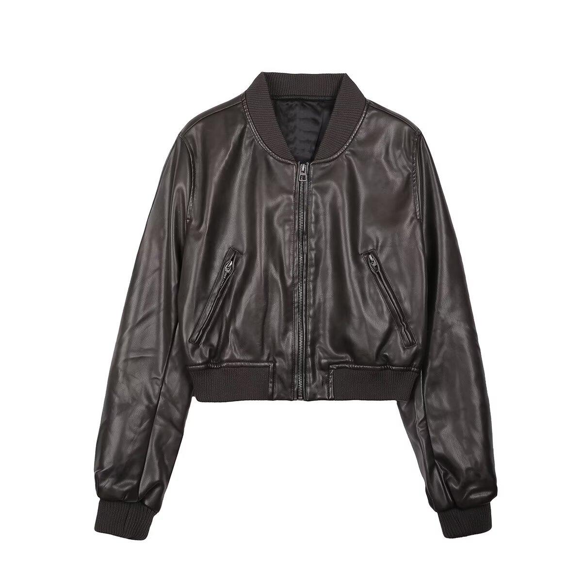 

Women s New Vintage Imitation Leather Bomber Jacket Coat Top Women s Style S коричневий