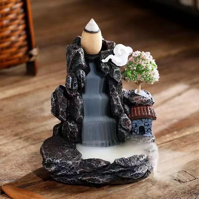 Creative Resin Backflow Incense Burner with High Mountain Flowing Water and Clouds Aromatherapy