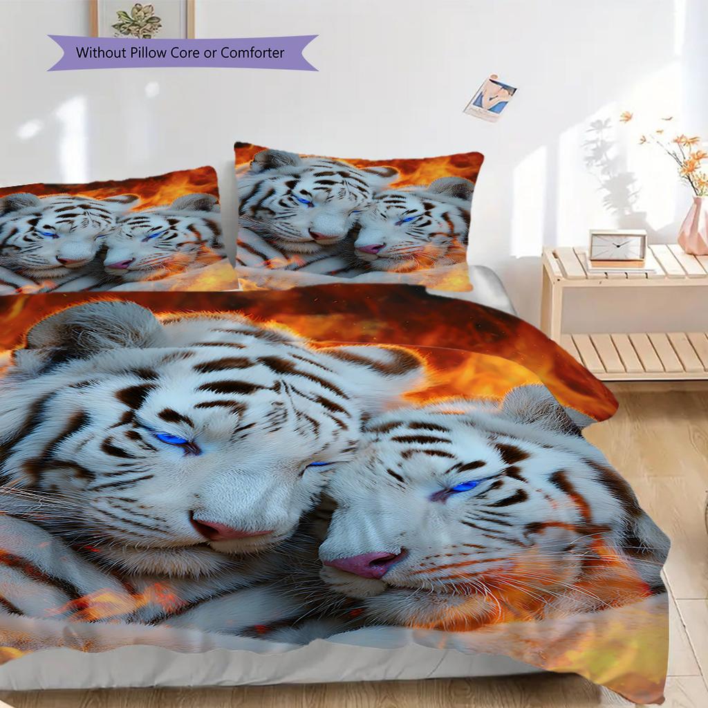 White Tiger Pattern Bedding Quilt Set Quilt Cover Pillowcase Home Decoration Birthday Gift (1 * Duvet Cover + 2 * Pillowcase, Without Core)