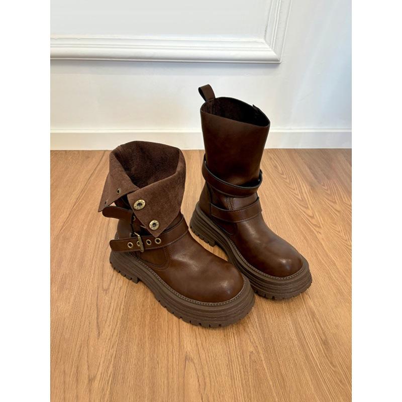 Cowhide version~ Leather platform Maillard medium tube short boots women's 2025 new British style retro brown Martin boots