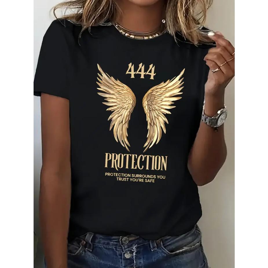 3D Print Round Neck Short Sleeved T-shirt for Women Cup Black Letters Tees Breathable Polyester Stretch Comfortable for Everyday