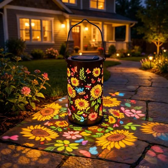 Colorful Sunflower Solar Lantern Metal Hanging Garden Light with Flower Pattern Waterproof Outdoor Solar Lamp for Patio Yard Pathway