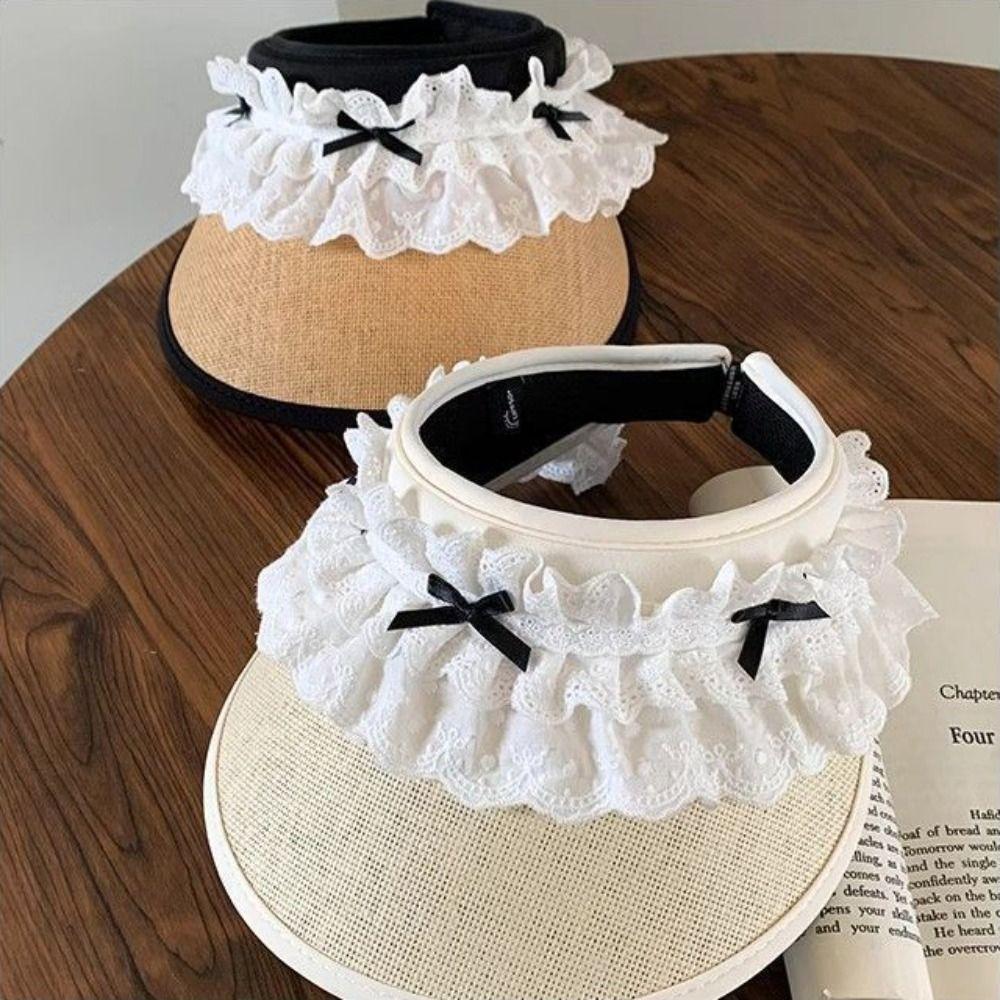 New UV Protection Lace Bow-knot Empty Top Sun Hat Large Brim Breathable Beach Hat UPF50+ Lightweight Women's Hat for Summer