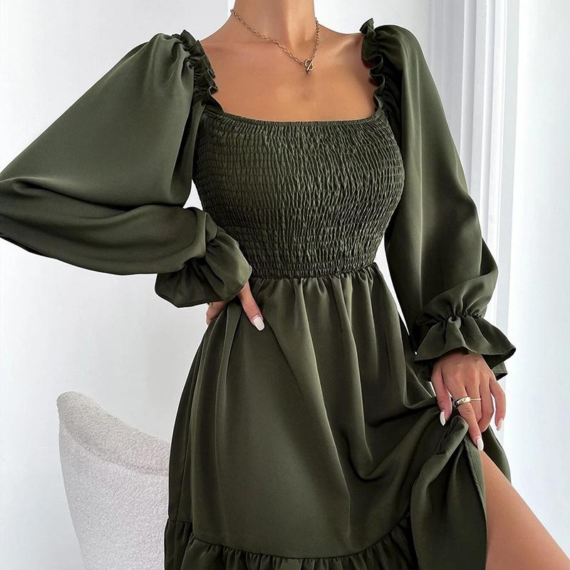 2025 French Minimalist Square-Neck Dress Long-Sleeve High-Waisted Bodycon Dress with Flounced Hem