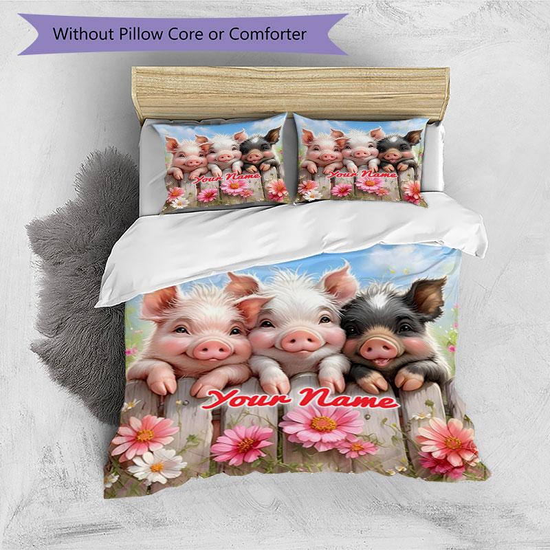 3PC Custom Name Piggy Friends Garden Bedding Set Printed Bedding Set Duvet Cover Closure Includes 1 Duvet Cover & 2 Pillowcases for All Seasons Bedroo