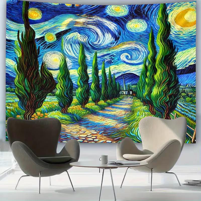 2D Impressionist Landscape Backdrop - Van Gogh Inspired Starry Night Tapestry for Photoshoot